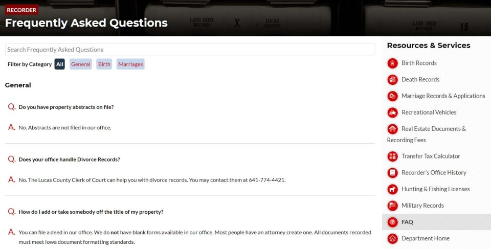 Screenshot of Lucas County Recorder's FAQ page.